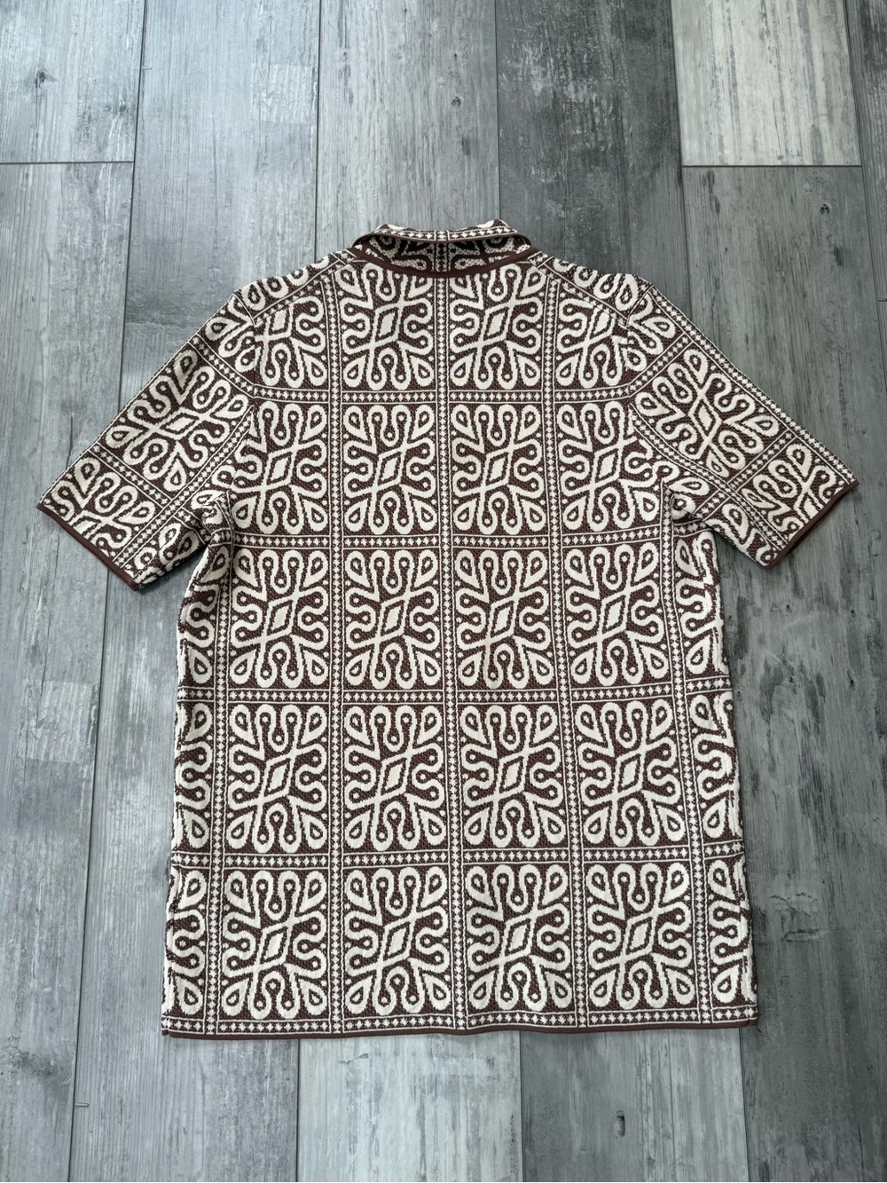 Reiss River Tile Pattern Knit Shirt Brown White Cuban Collar Men's Small - Picture 4 of 10